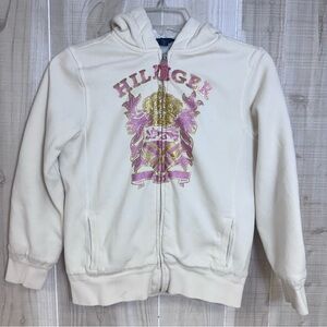 VTG Kids White Hoodie with Pink and Gold Crest Hilfiger Fleece Lined Heavy 14